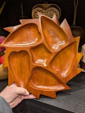 Vintage MCM Hand Carved Haitian Mahogany Divided Serving Tray Sawtooth Starburst